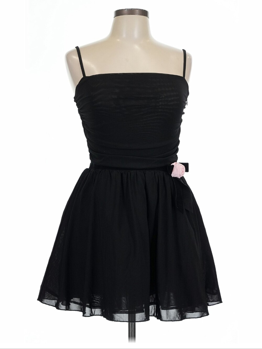 Meshki Black Spaghetti-Strap Mini Dress with Pink Rosette XL